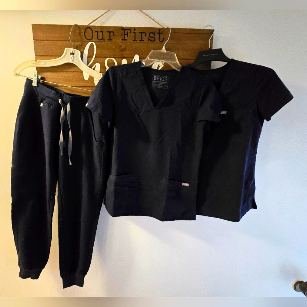 Navy Figs, joggers and two scrub tops.